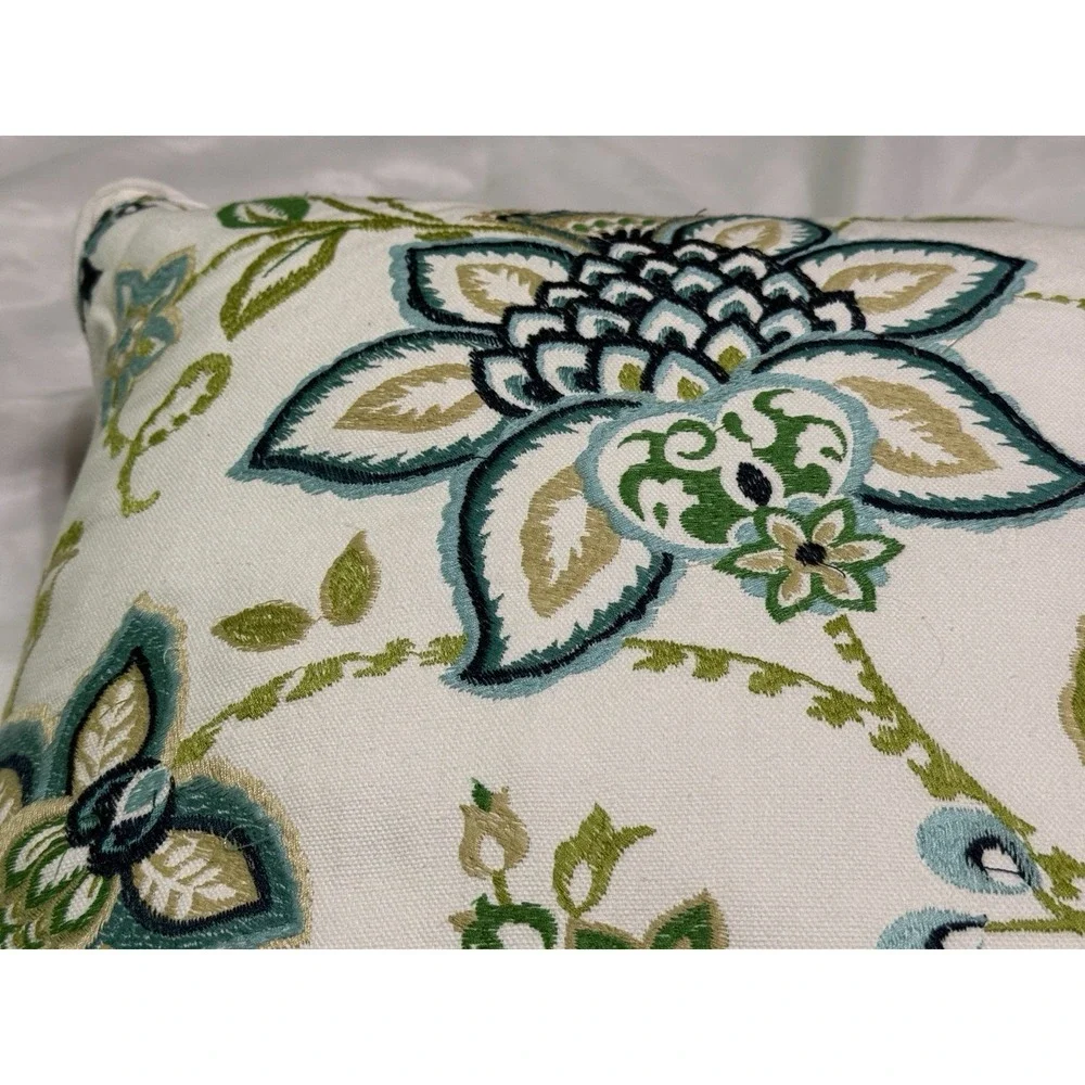 Jacobean Embroidered Floral Throw Pillow~Zip Close Cover+ Feather Insert~18